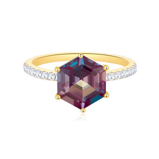 Lab-Created Alexandrite Solitaire & Diamond Pave Band Ring in 14K Yellow Gold | Monte Luna