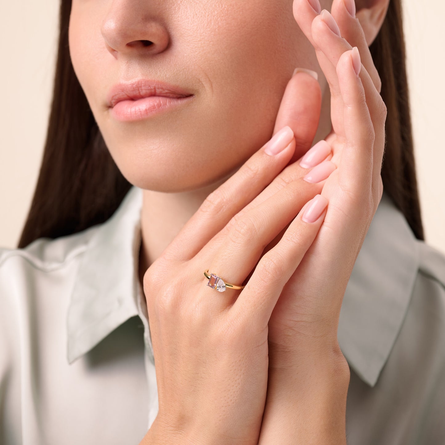 Genuine Morganite & Lab-Created Diamond Toi et Moi Ring in 14K Yellow Gold | Monte Luna