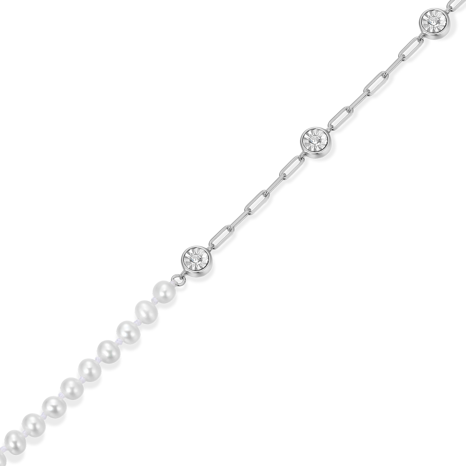 Freshwater Baby Pearl & Lab-Created Diamond Station Paperclip Bracelet in Rhodium-Plated Sterling Silver | M by Monte Luna