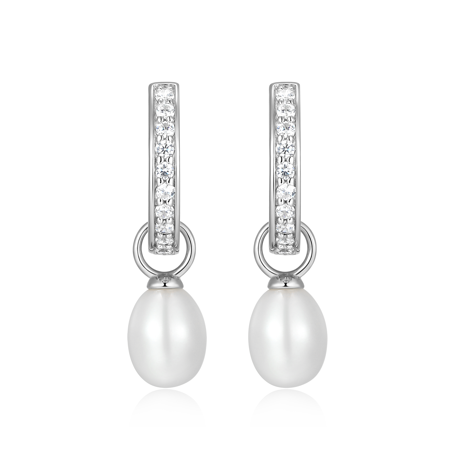 Freshwater Pearl & Lab-Created Diamond Huggie Earrings in Rhodium-Plated Sterling Silver | M by Monte Luna