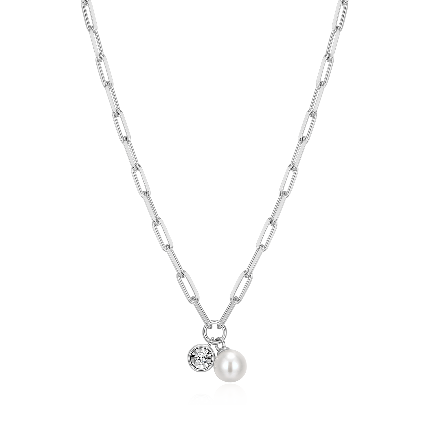 June Birthstone Freshwater Pearl & Lab-Created Diamond Mini Paperclip Necklace in Rhodium-Plated Sterling Silver | M by Monte Luna