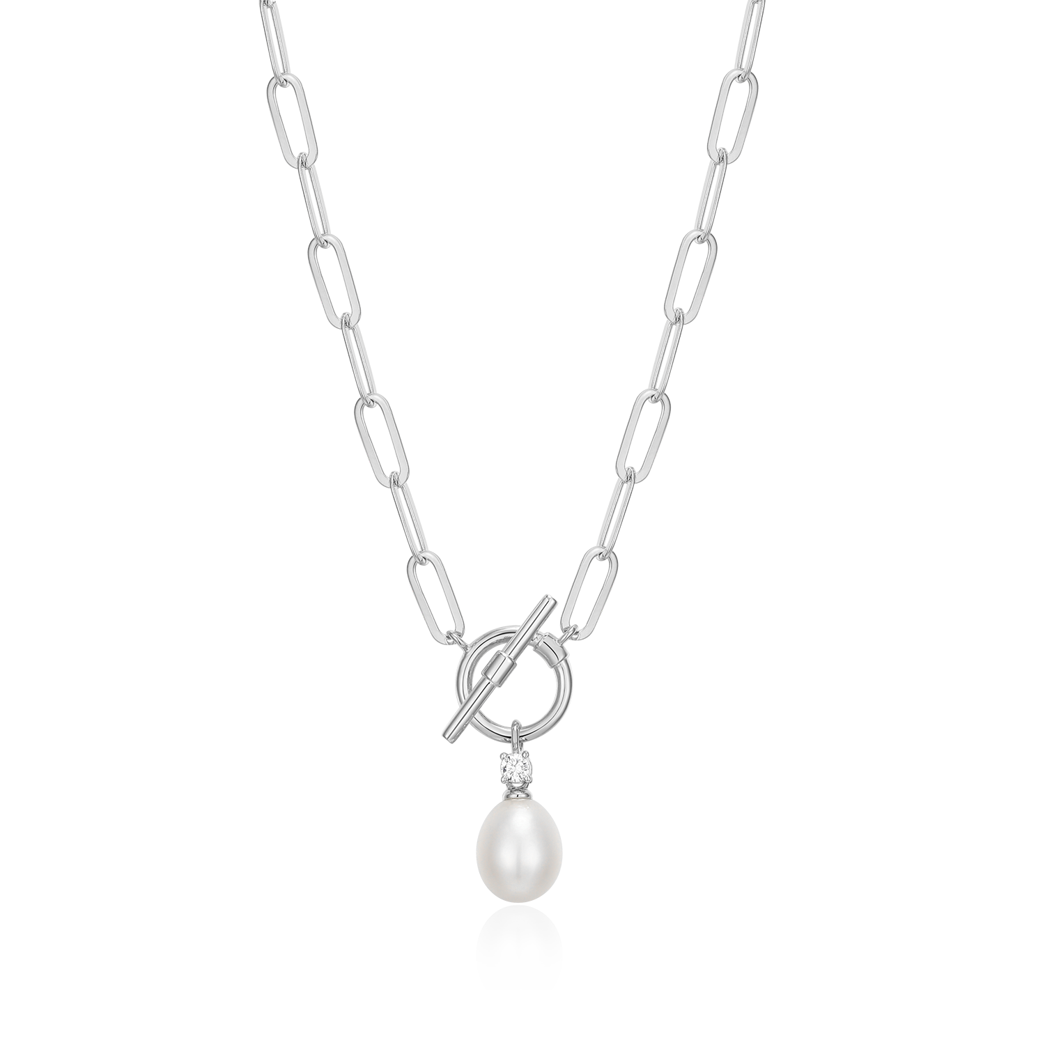 Freshwater Pearl & Lab-Created Diamond Toggle-Look Paperclip Necklace in Rhodium-Plated Sterling Silver | M by Monte Luna
