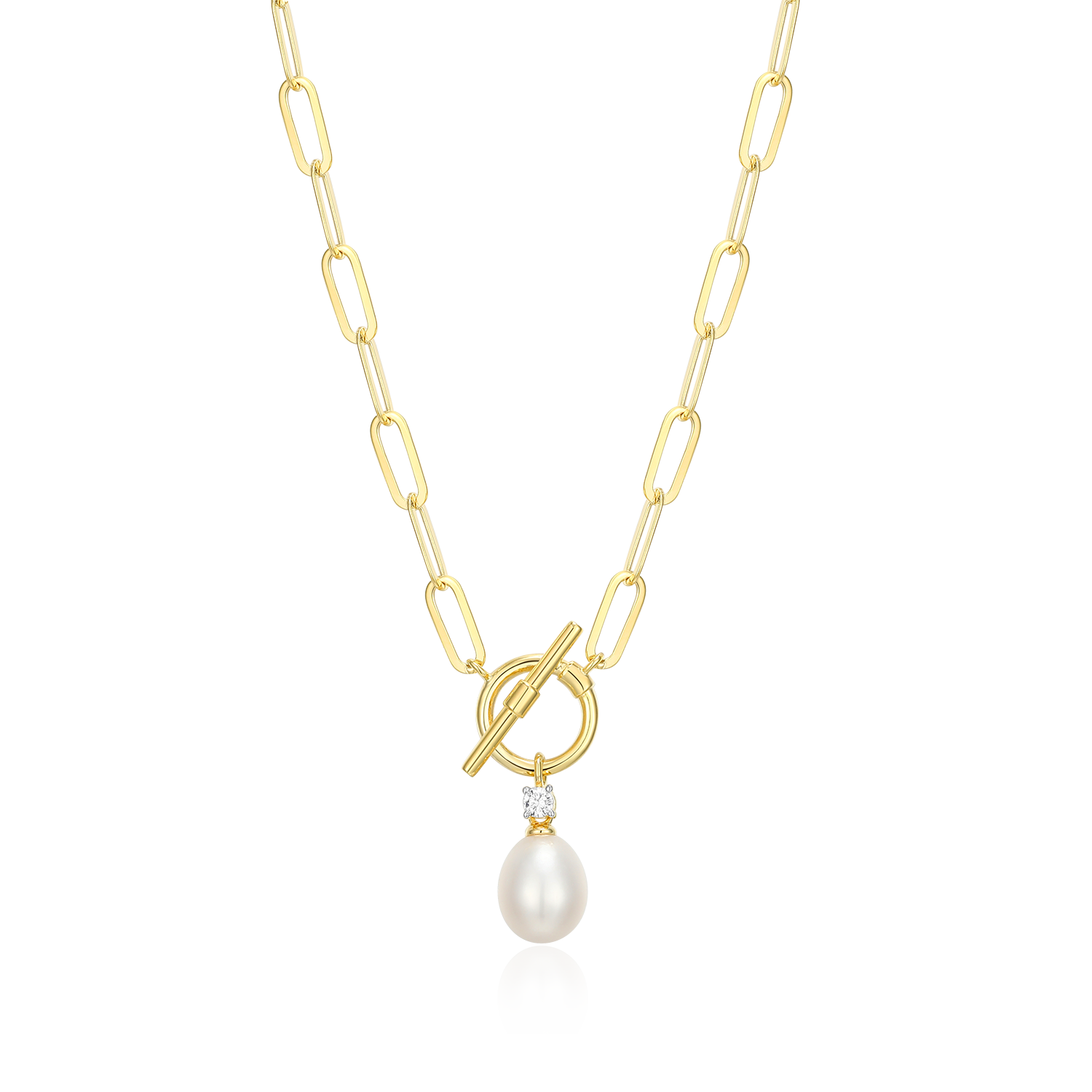 Freshwater Pearl & Lab-Created Diamond Toggle-Look Paperclip Necklace in 14K Yellow Gold-Plated Sterling Silver | M by Monte Luna