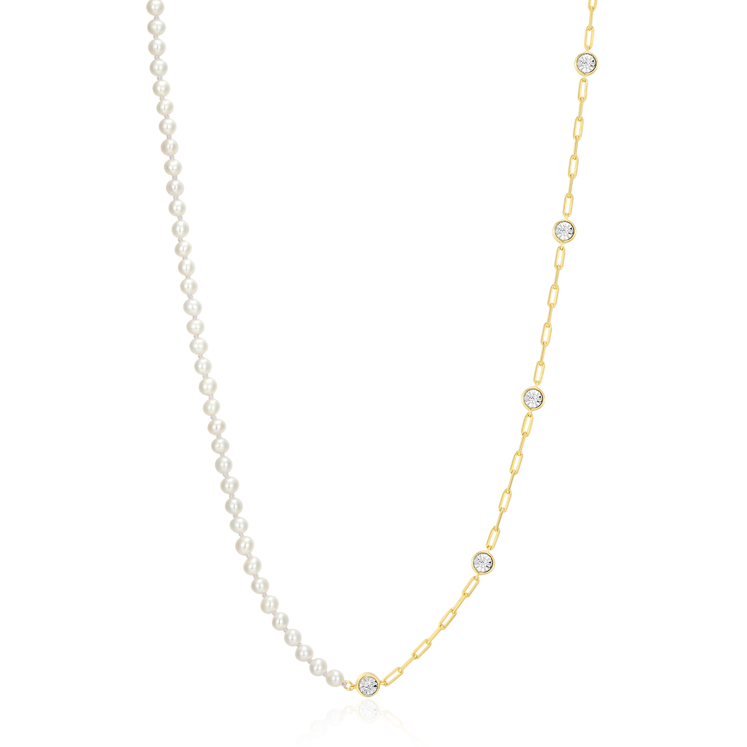 Freshwater Baby Pearl & Lab-Created Diamond Station Paperclip Necklace in 14K Yellow Gold-Plated Sterling Silver | M by Monte Luna