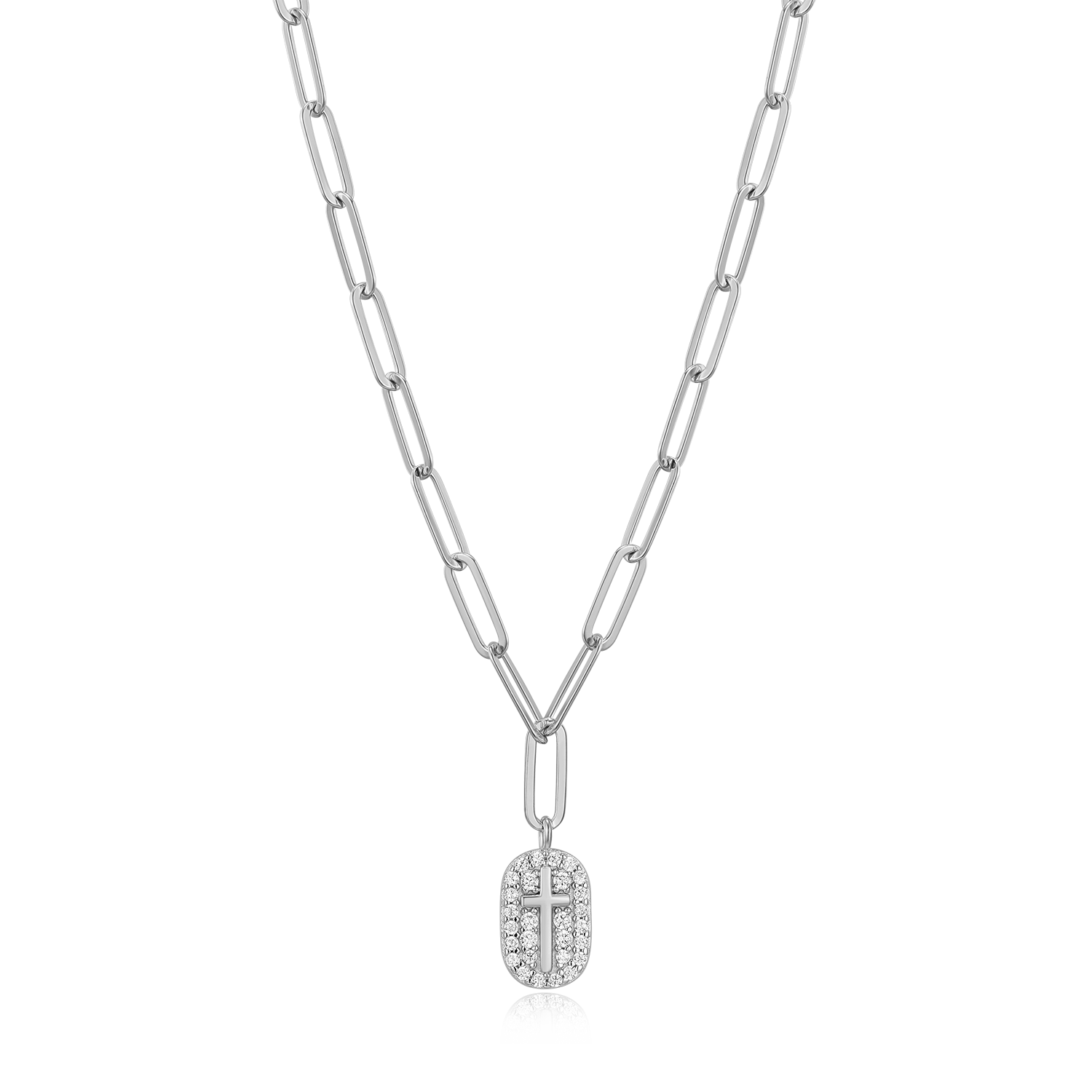 Cross Tag Pendant Lab-Created Diamond Paperclip Necklace in Rhodium-Plated Sterling Silver