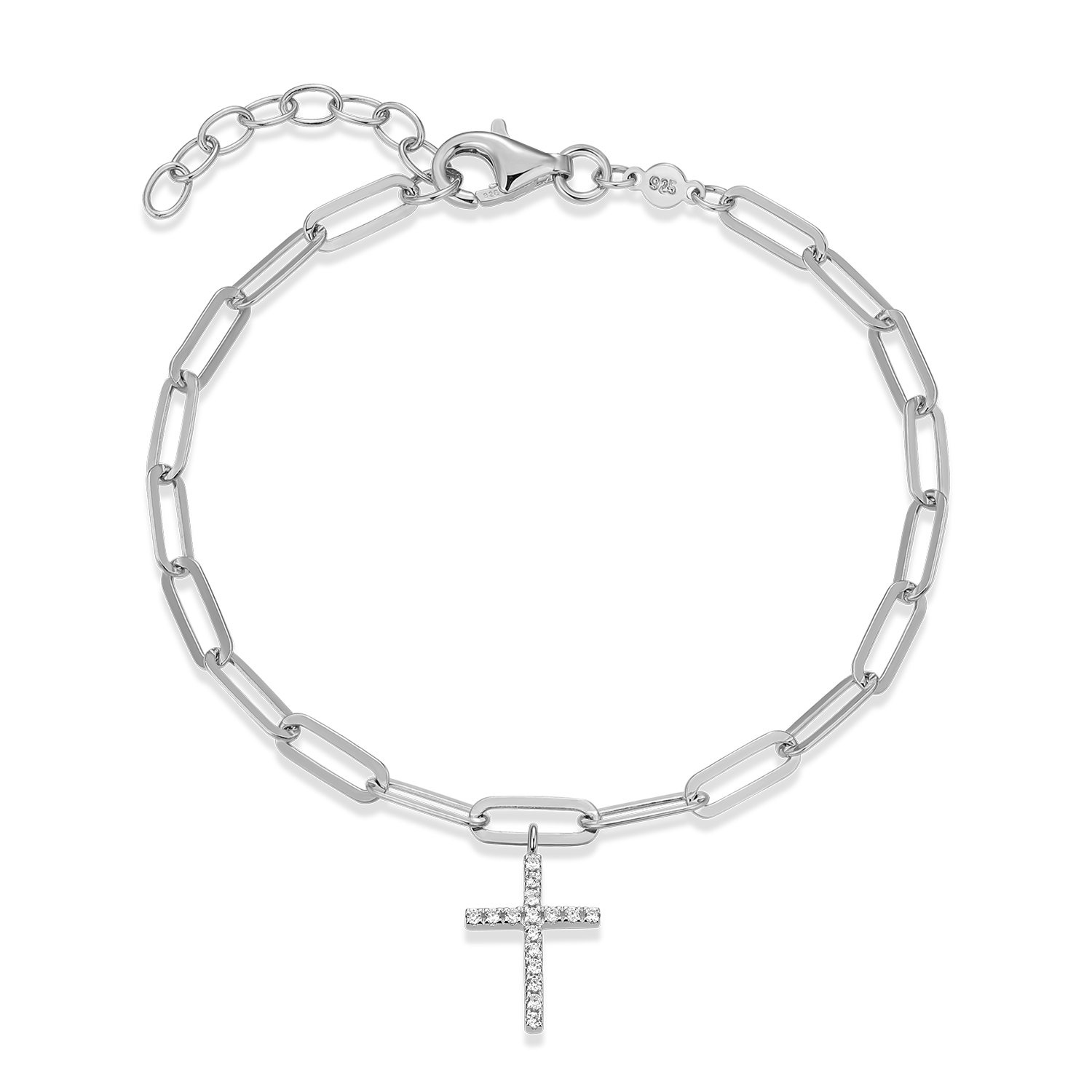 Cross Pendant Lab-Created Diamond Paperclip Bracelet in Rhodium-Plated Sterling Silver