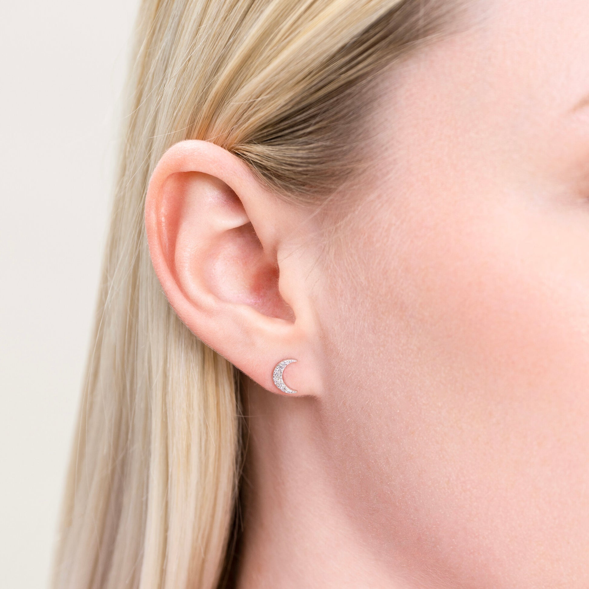 Crescent Stud Earrings in Rhodium Plated Sterling Silver | M by Monte Luna