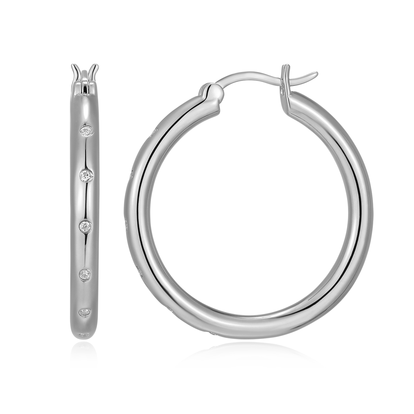 Classic Bezel-Set Lab-Created Diamond Hoop Earrings in Rhodium-Plated Sterling Silver | M by Monte Luna