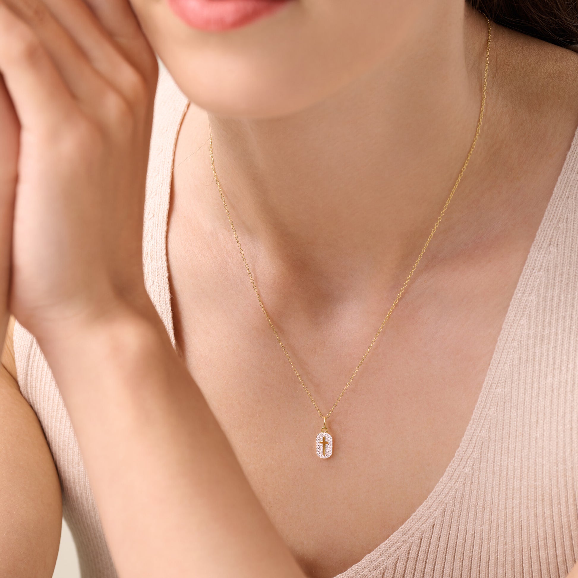 Cross Tag Pendant Necklace in 14k Yellow Gold Plated Sterling Silver | M by Monte Luna