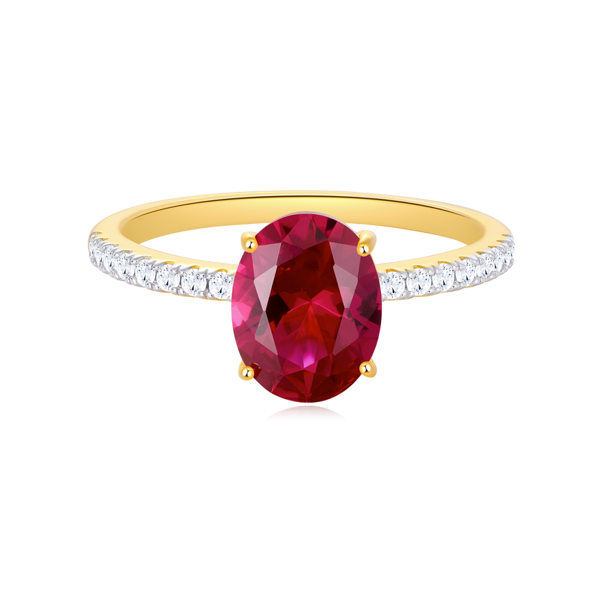 Created Ruby Oval Solitare Pave Band Ring in 14k Yellow Gold