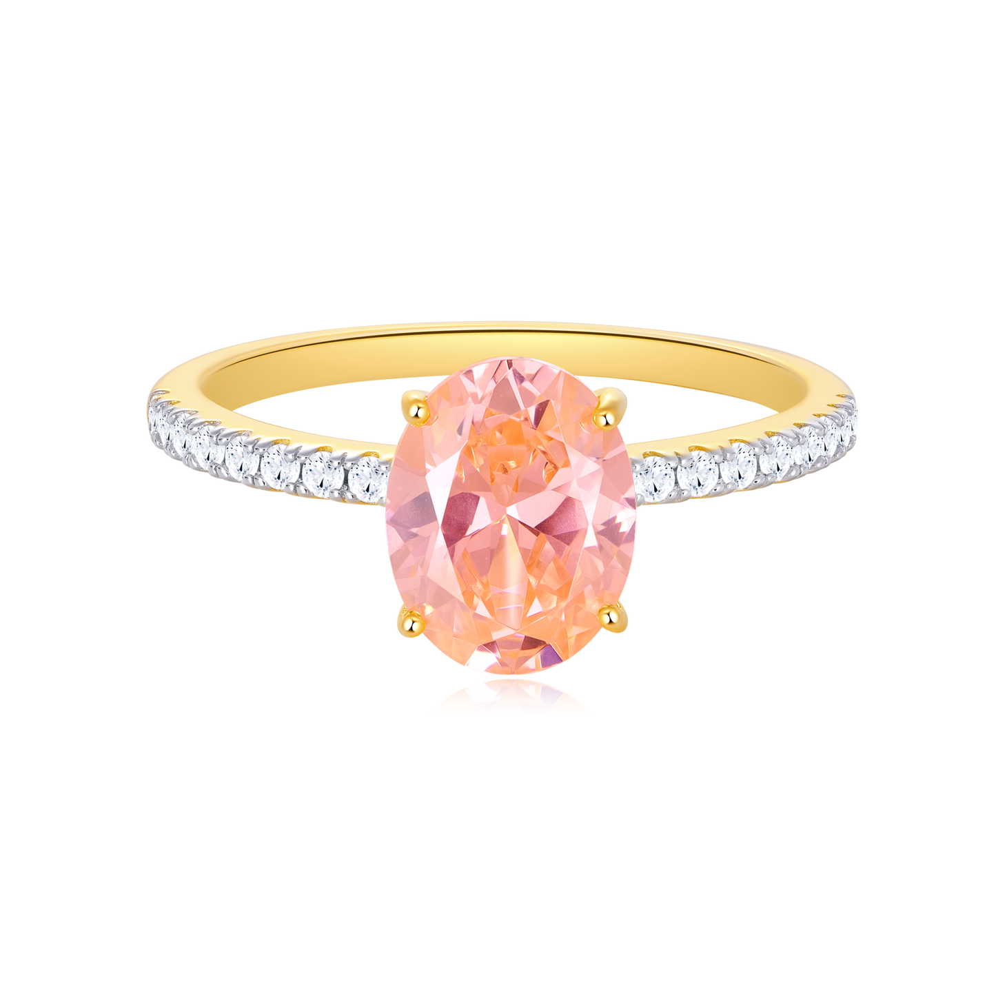 Morganite Oval Solitare Pave Band Ring in 14k Yellow Gold