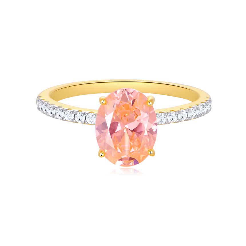 Morganite Oval Solitare Pave Band Ring in 14k Yellow Gold