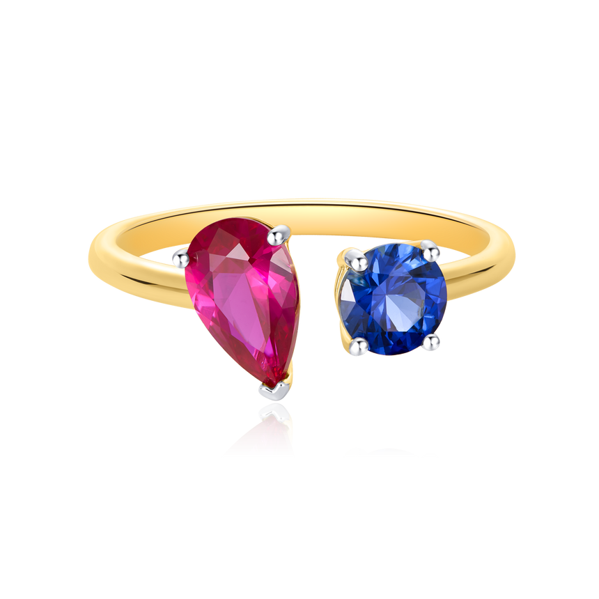 Pear and Round Created Gemstone Toi et Moi Ring in 14k Yellow Gold