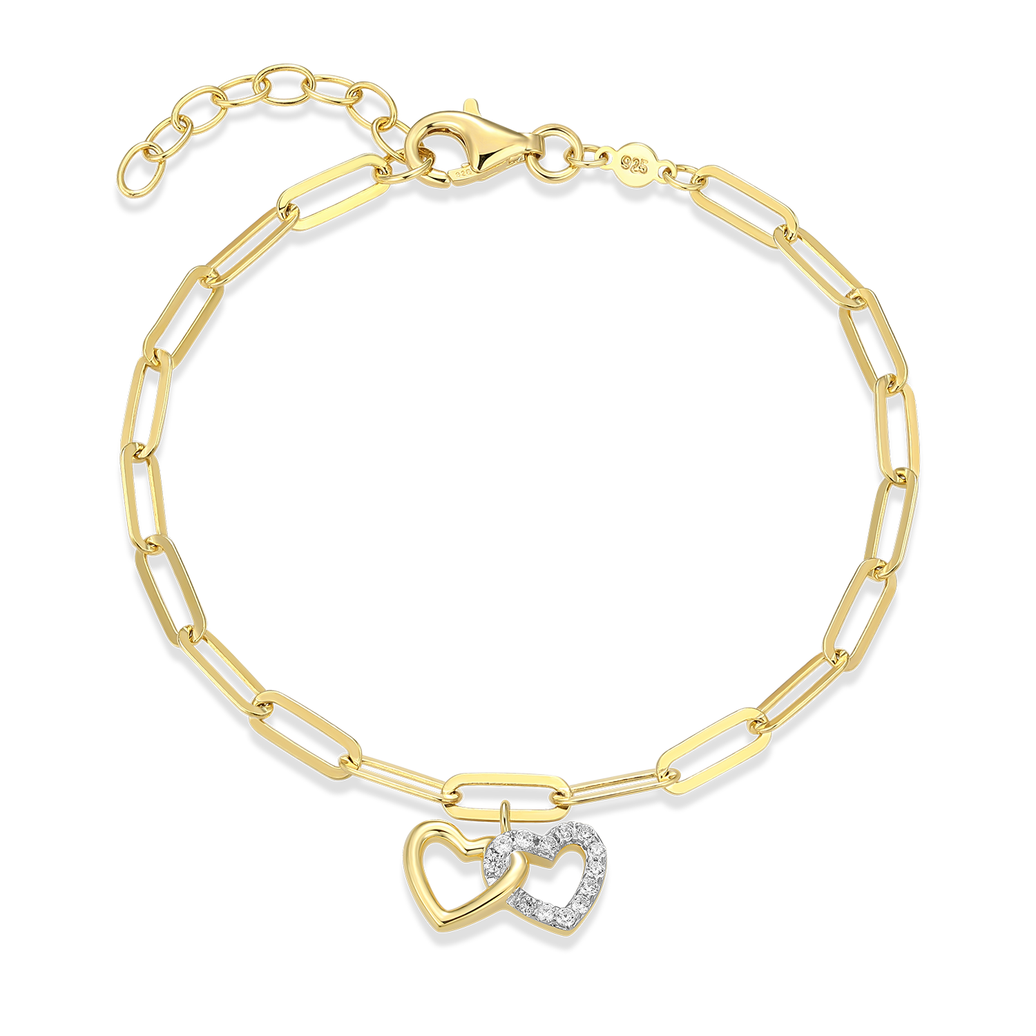 Twin Heart Pendant Lab-Created Diamond Paperclip Bracelet in 14k Gold and Rhodium-Plated Sterling Silver