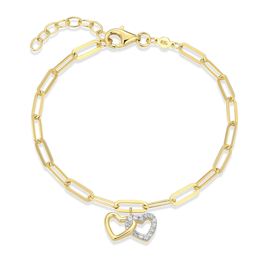 Twin Heart Pendant Lab-Created Diamond Paperclip Bracelet in 14k Gold and Rhodium-Plated Sterling Silver