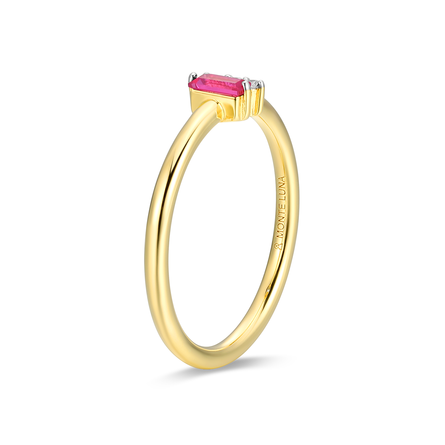 Lab-Created Ruby Baguette & Diamond Round Cluster Ring in 14k Gold and Rhodium-Plated Sterling Silver