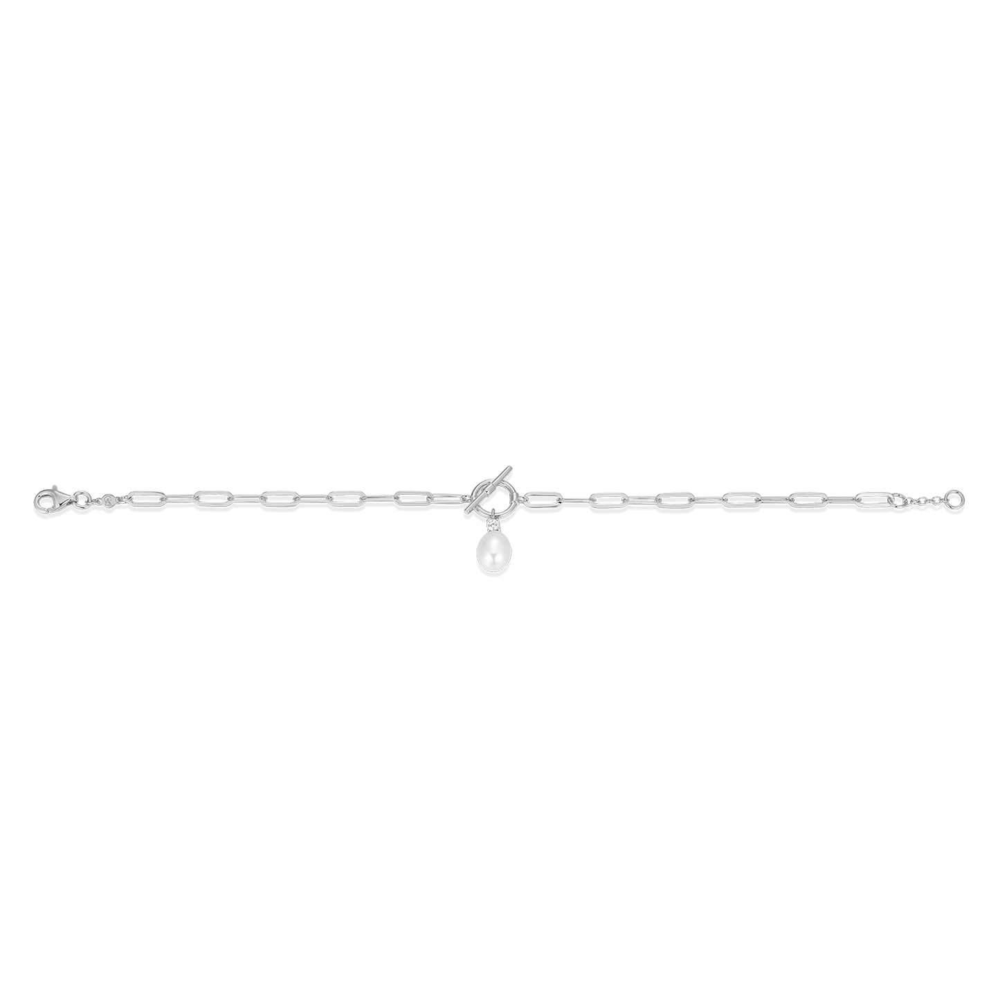 Freshwater Pearl & Lab-Created Diamond Toggle-Look Paperclip Bracelet in Rhodium-Plated Sterling Silver | M by Monte Luna