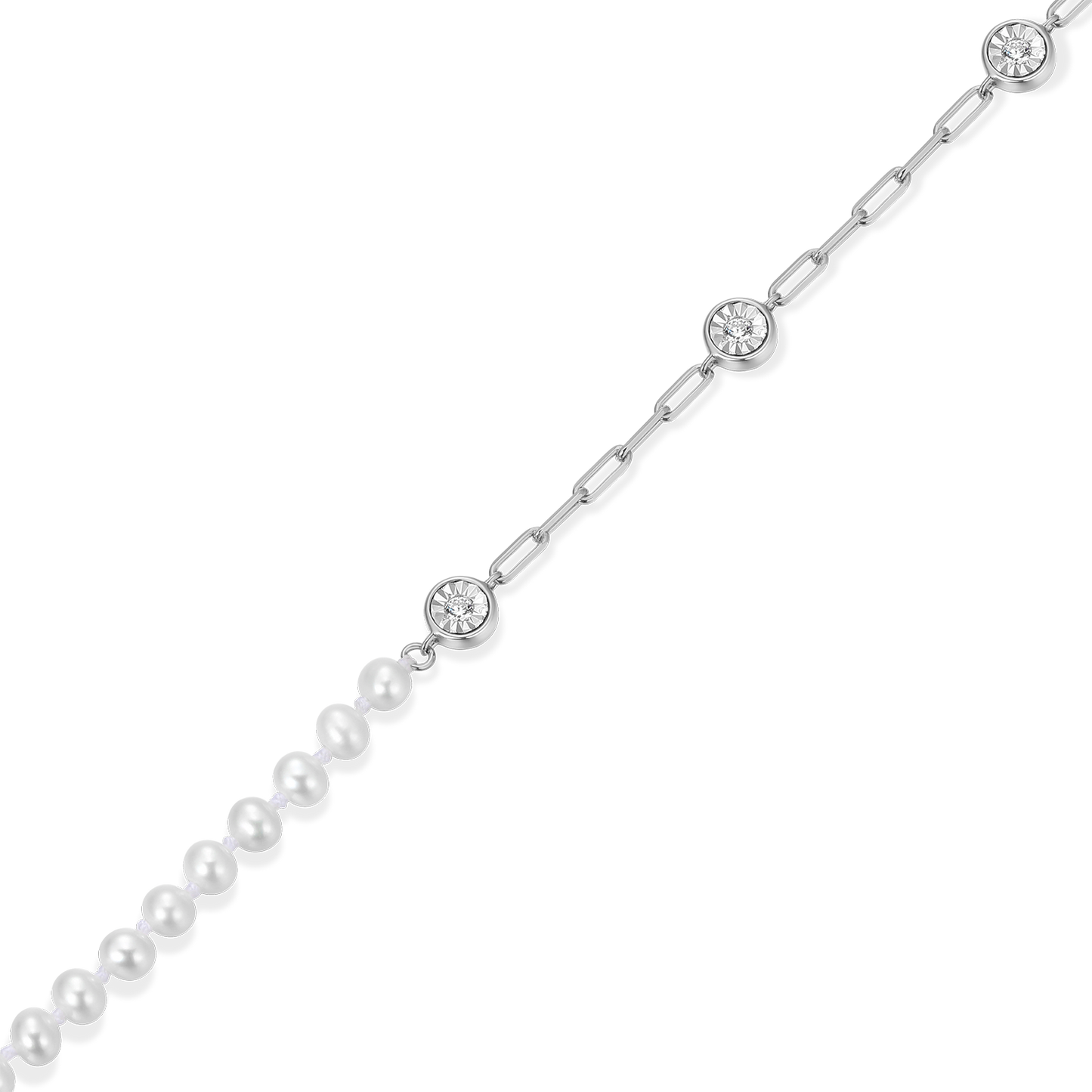Freshwater Baby Pearl & Lab-Created Diamond Station Paperclip Bracelet in Rhodium-Plated Sterling Silver | M by Monte Luna