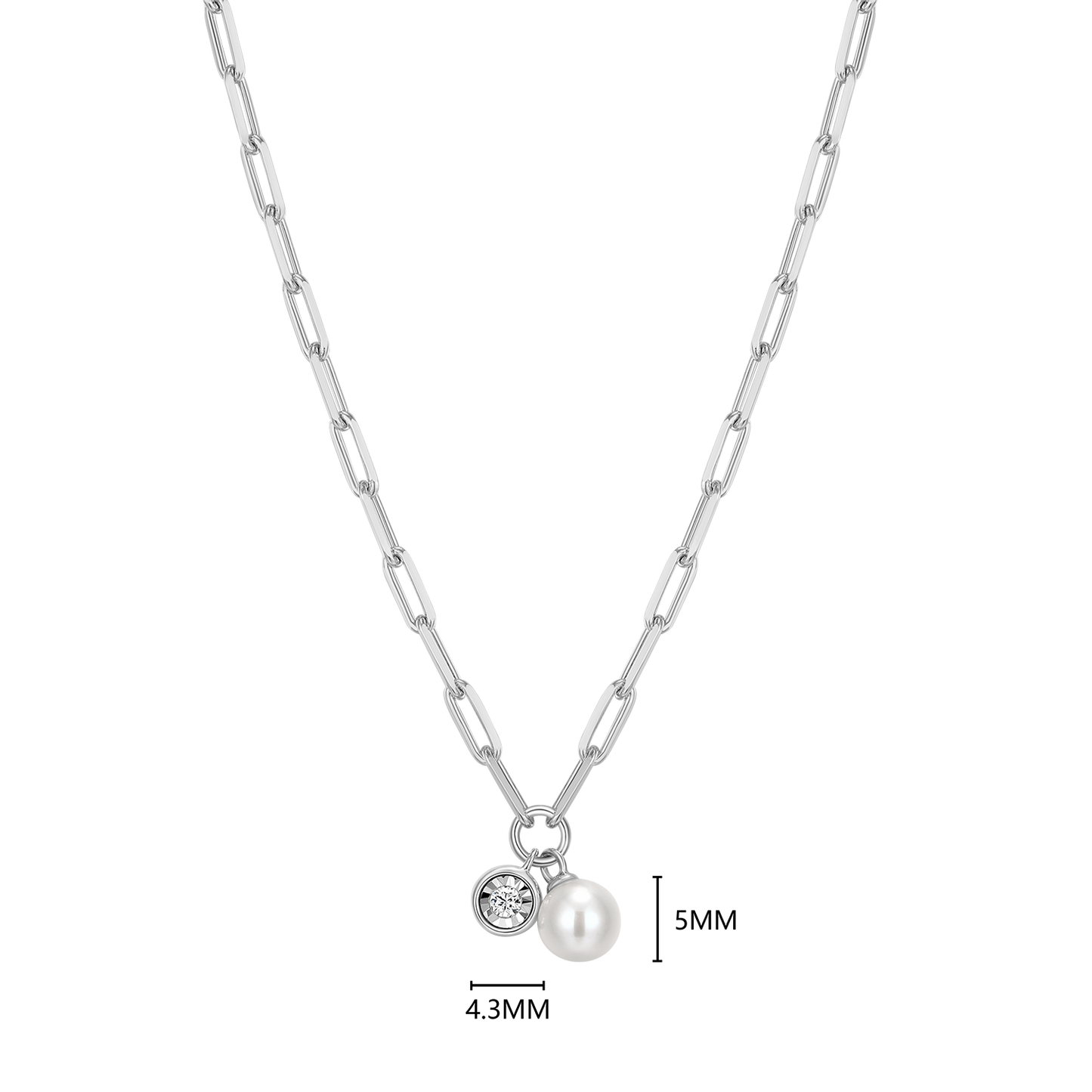 June Birthstone Freshwater Pearl & Lab-Created Diamond Mini Paperclip Necklace in Rhodium-Plated Sterling Silver | M by Monte Luna