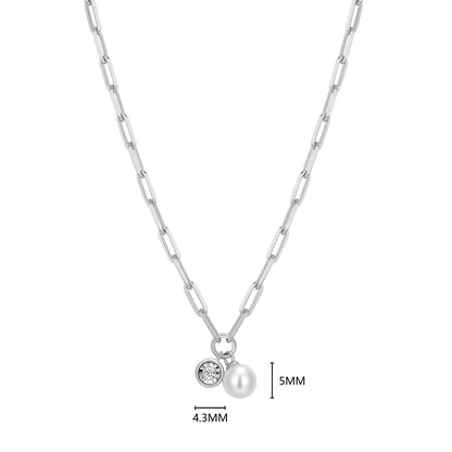 June Birthstone Freshwater Pearl & Lab-Created Diamond Mini Paperclip Necklace in Rhodium-Plated Sterling Silver | M by Monte Luna