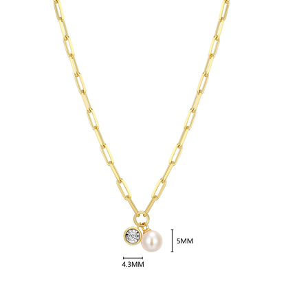 June Birthstone Freshwater Pearl & Lab-Created Diamond Mini Paperclip Necklace in 14K Yellow Gold-Plated Sterling Silver | M by Monte Luna
