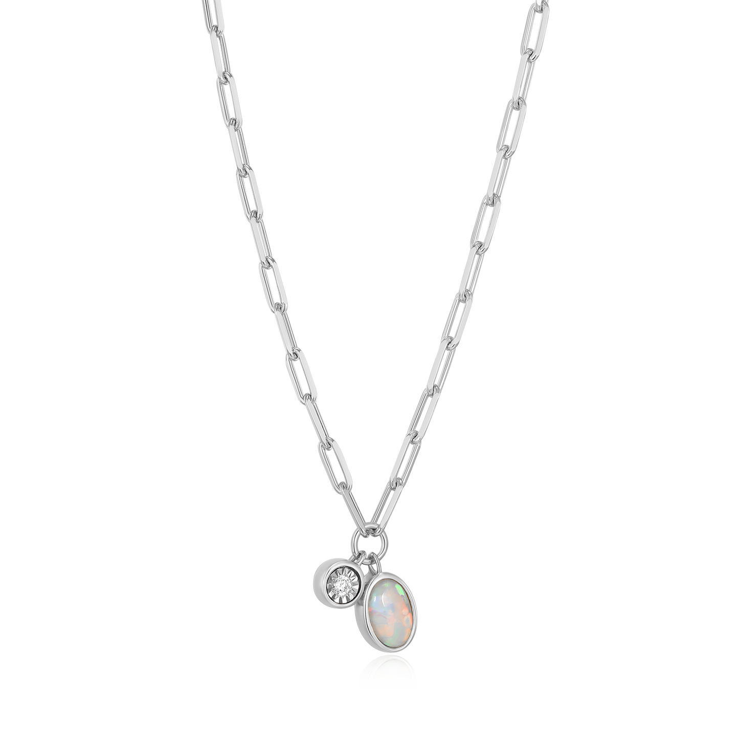 October Birthstone Lab-Created Opal & Lab-Created Diamond Mini Paperclip Necklace in Rhodium-Plated Sterling Silver | M by Monte Luna