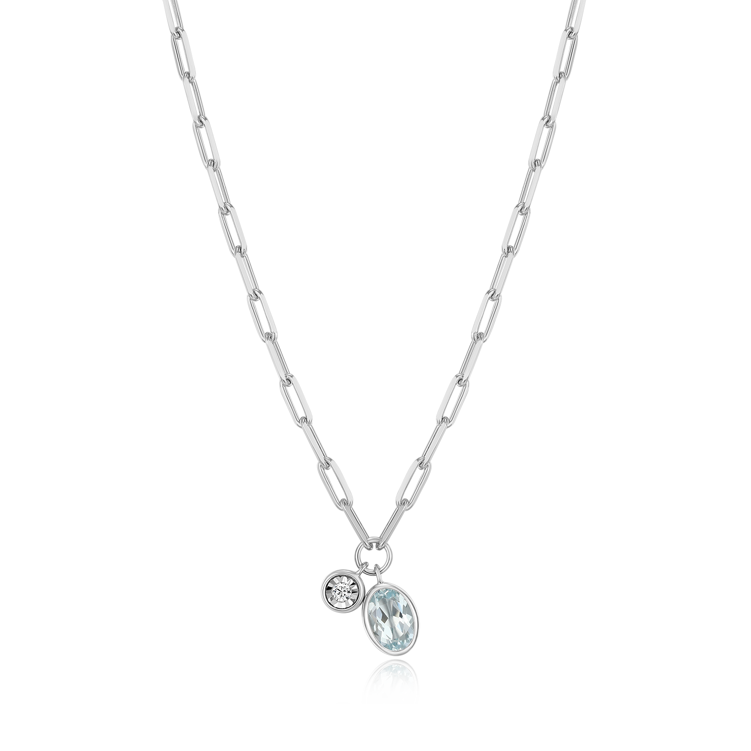 March Birthstone Genuine Aquamarine & Lab-Created Diamond Mini Paperclip Necklace in Rhodium-Plated Sterling Silver | M by Monte Luna