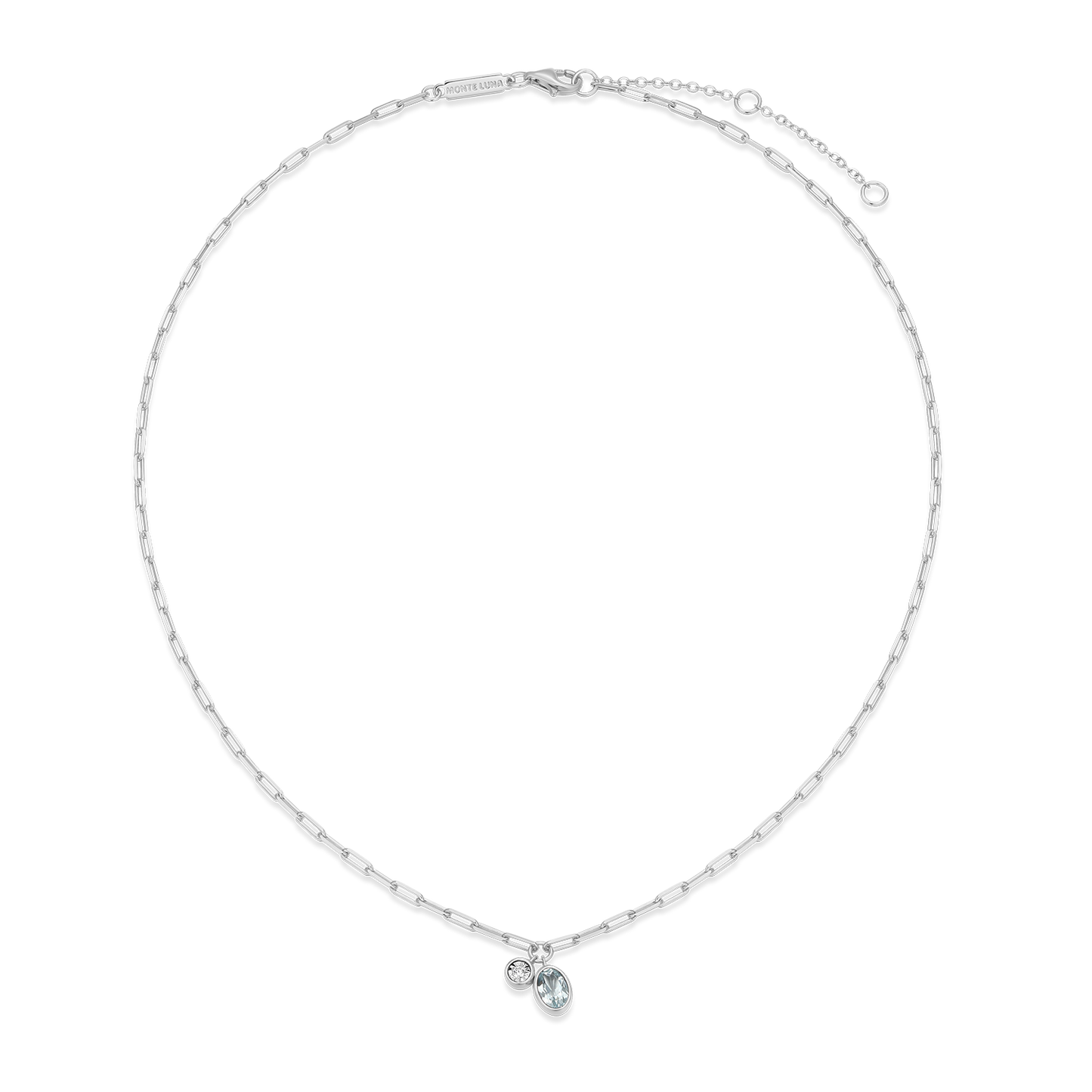March Birthstone Genuine Aquamarine & Lab-Created Diamond Mini Paperclip Necklace in Rhodium-Plated Sterling Silver | M by Monte Luna
