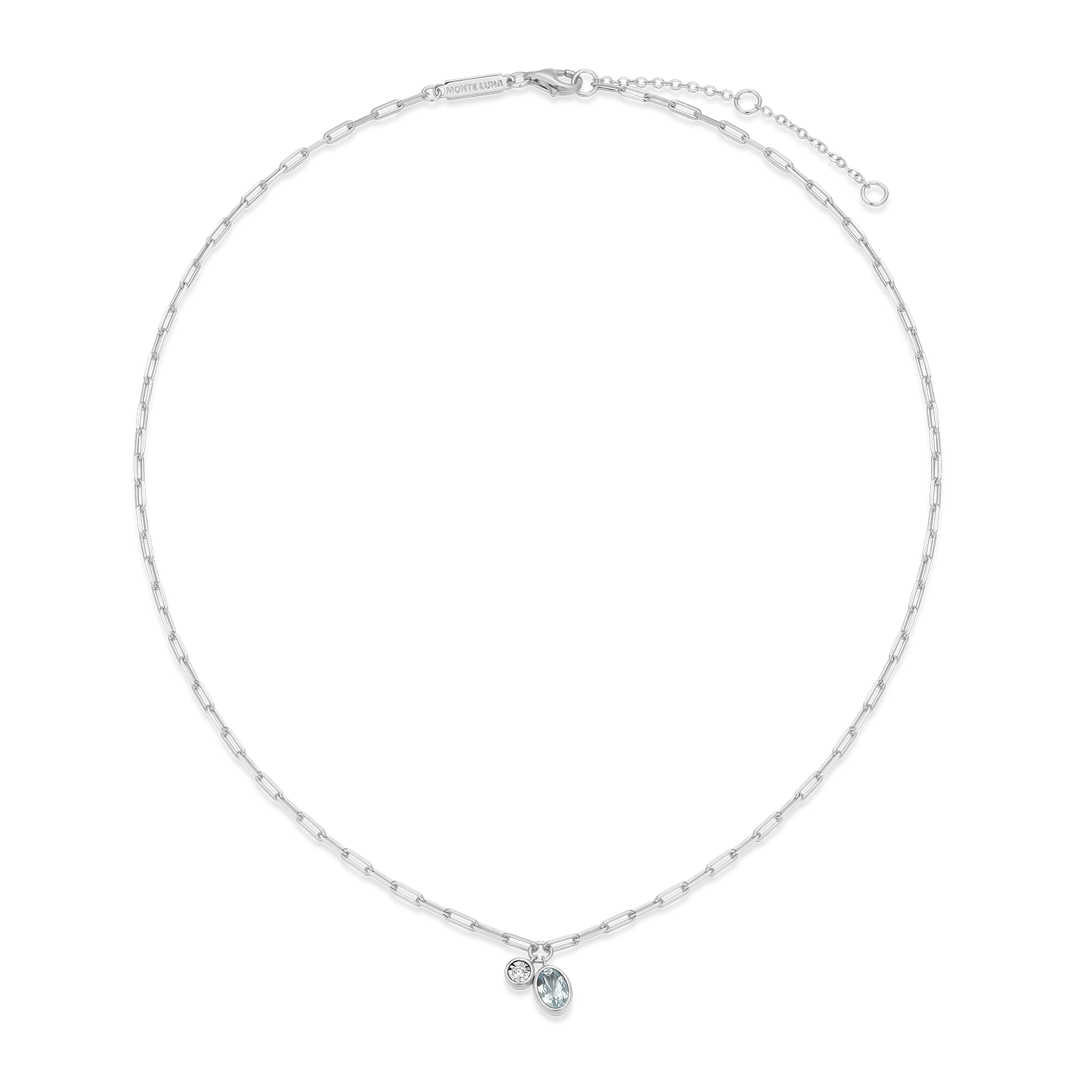 March Birthstone Genuine Aquamarine & Lab-Created Diamond Mini Paperclip Necklace in Rhodium-Plated Sterling Silver | M by Monte Luna