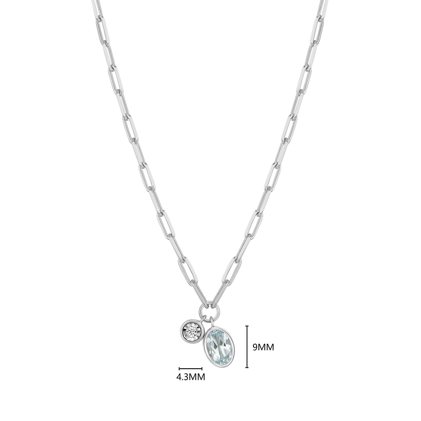 March Birthstone Genuine Aquamarine & Lab-Created Diamond Mini Paperclip Necklace in Rhodium-Plated Sterling Silver | M by Monte Luna