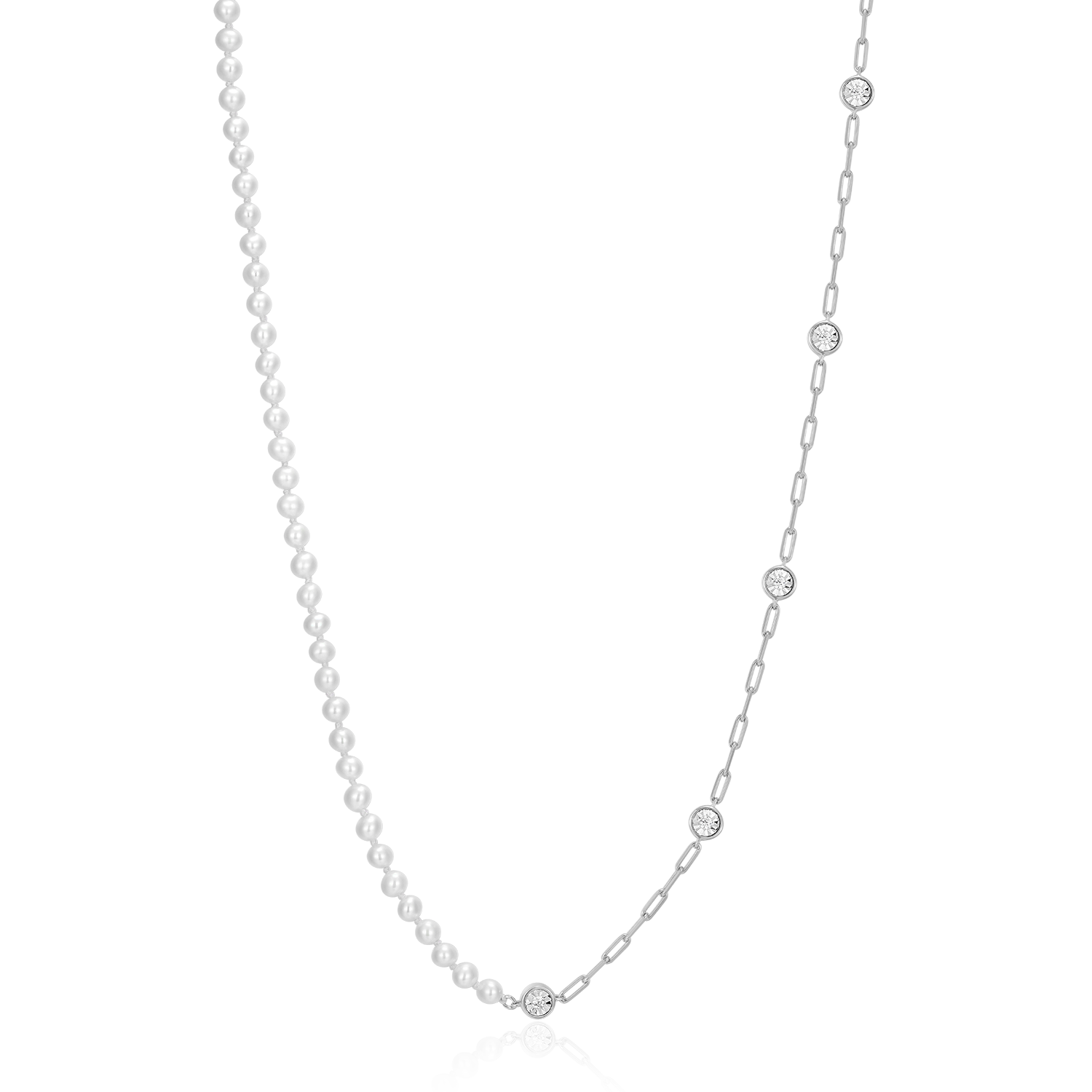 Freshwater Baby Pearl & Lab-Created Diamond Station Paperclip Necklace in Rhodium-Plated Sterling Silver | M by Monte Luna
