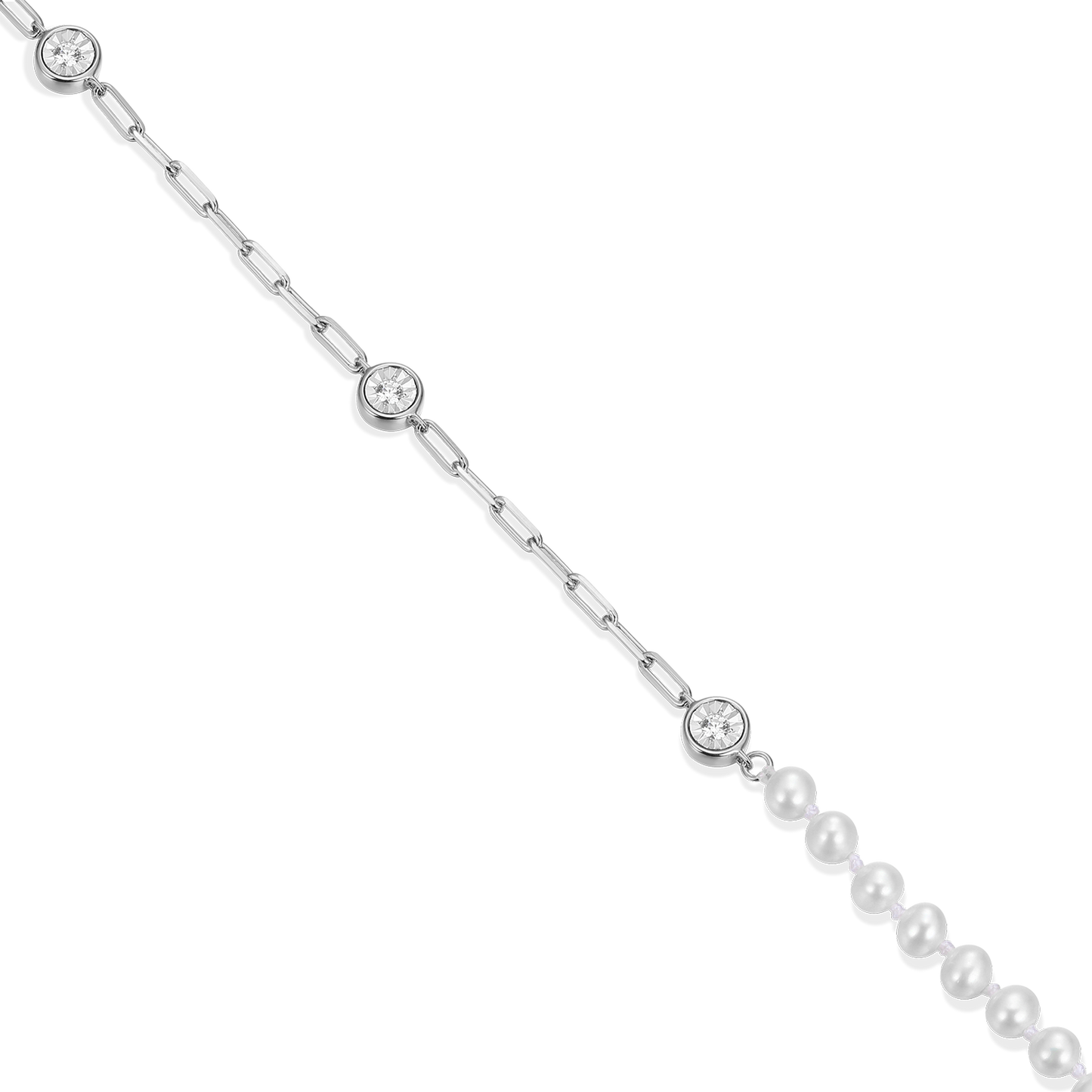 Freshwater Baby Pearl & Lab-Created Diamond Station Paperclip Necklace in Rhodium-Plated Sterling Silver | M by Monte Luna