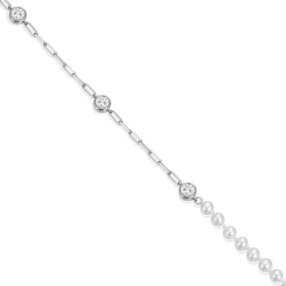 Freshwater Baby Pearl & Lab-Created Diamond Station Paperclip Necklace in Rhodium-Plated Sterling Silver | M by Monte Luna