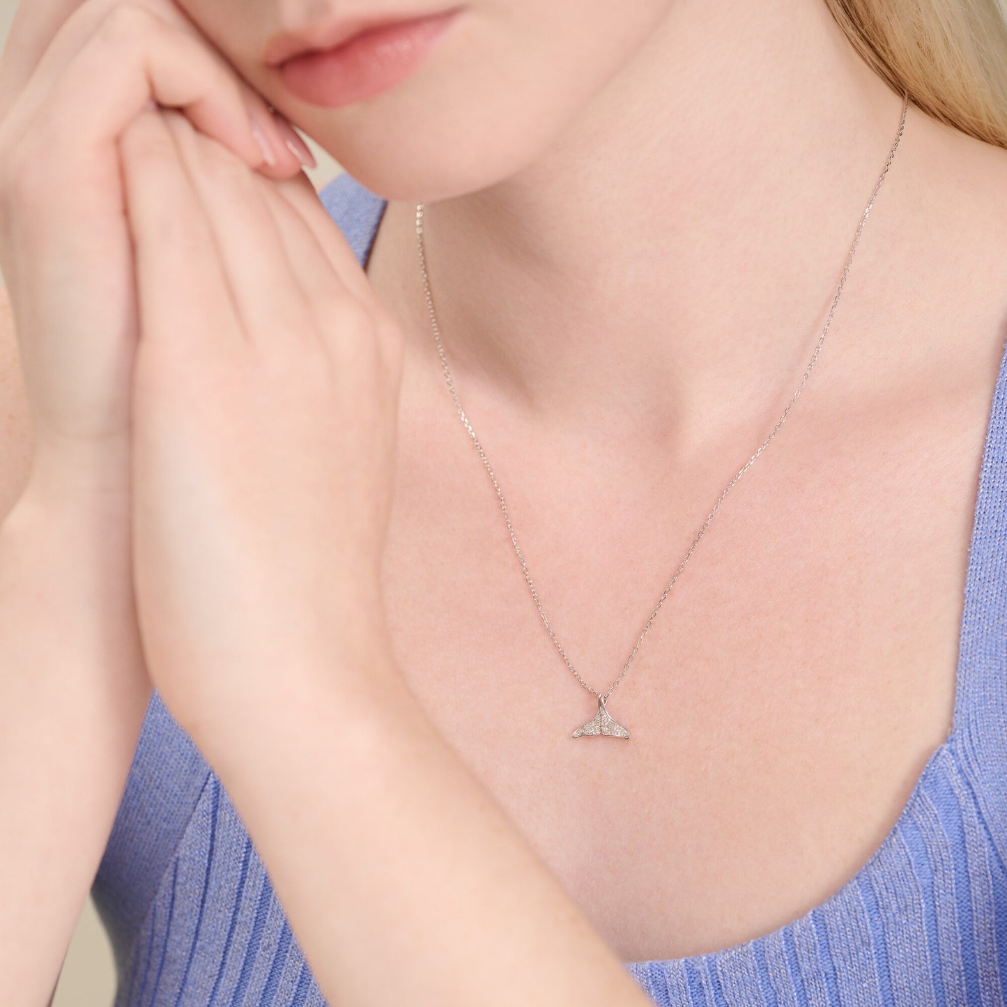 Whale Tail Pendant Necklace in Rhodium Plated Sterling Silver