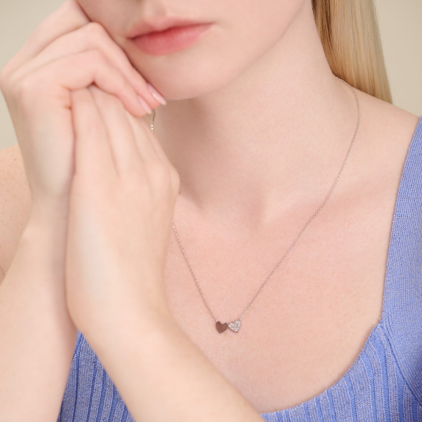 Twin Heart Necklace in Rhodium Plated Sterling Silver