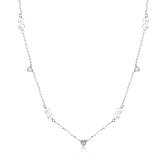 Hearts and Pearls Station Necklace in Rhodium Plated Sterling Silver