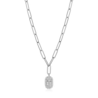 Cross Tag Pendant Lab-Created Diamond Paperclip Necklace in Rhodium-Plated Sterling Silver