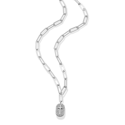 Cross Tag Pendant Lab-Created Diamond Paperclip Necklace in Rhodium-Plated Sterling Silver