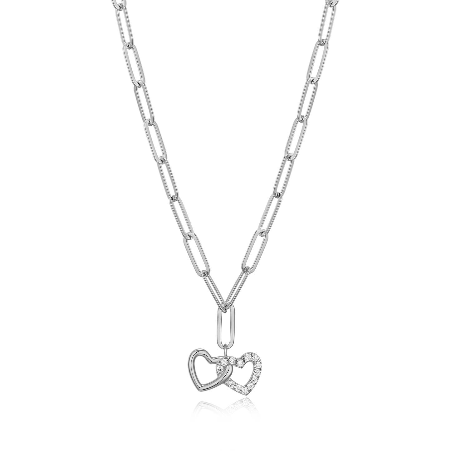 Twin Heart Pendant Lab-Created Diamond Paperclip Necklace in Rhodium-Plated Sterling Silver