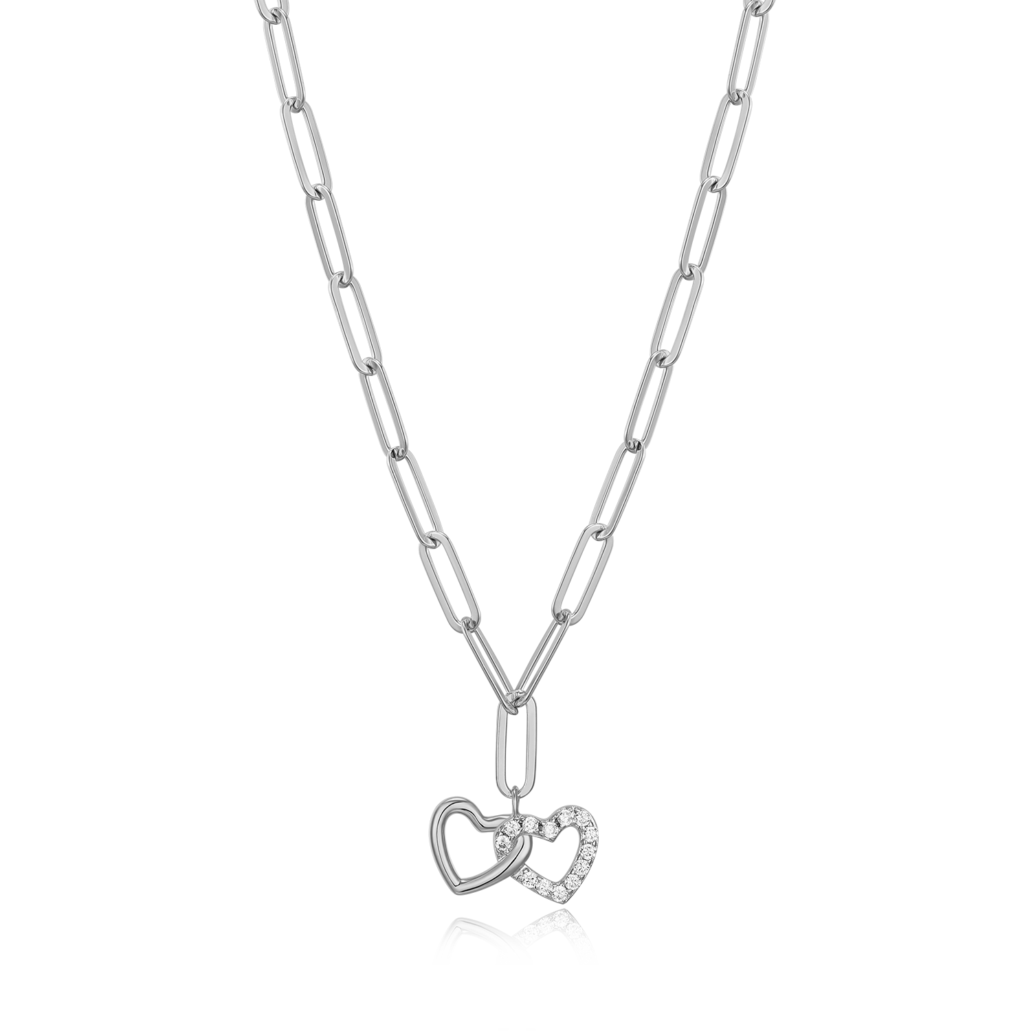 Twin Heart Pendant Lab-Created Diamond Paperclip Necklace in Rhodium-Plated Sterling Silver