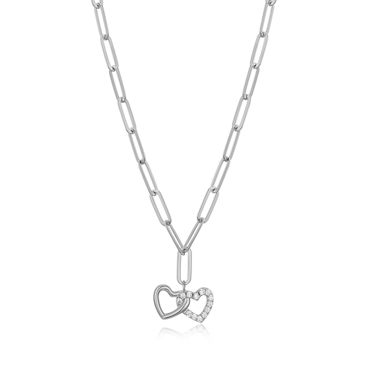 Twin Heart Pendant Lab-Created Diamond Paperclip Necklace in Rhodium-Plated Sterling Silver