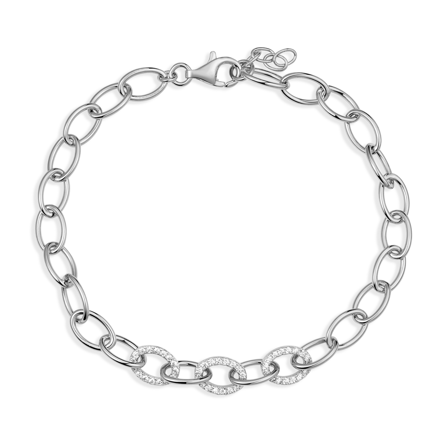 Pave Oval Link Bracelet in Rhodium Plated Sterling Silver