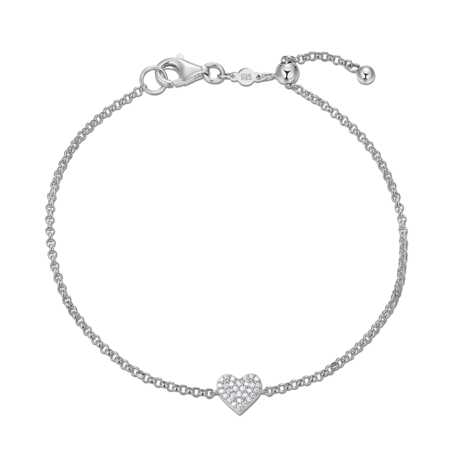 Pave Heart Bolo Bracelet in Rhodium Plated Sterling Silver