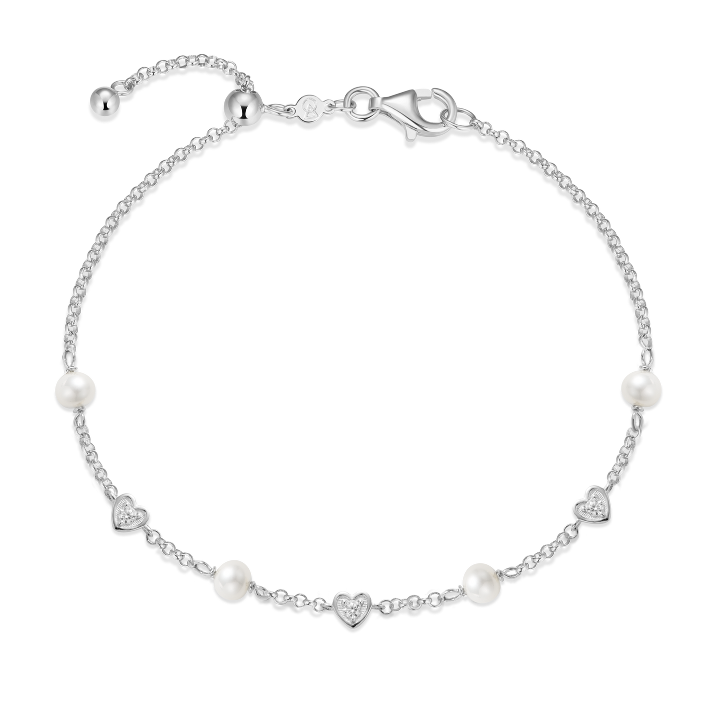 Hearts and Pearls Station Bolo Bracelet in Rhodium Plated Sterling Silver