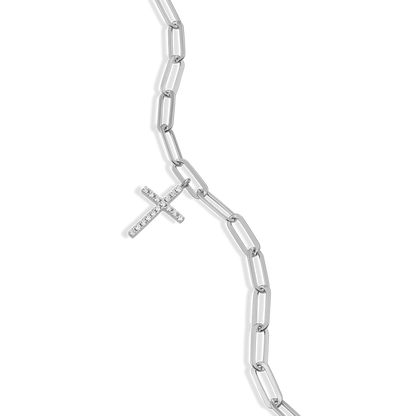 Cross Pendant Lab-Created Diamond Paperclip Bracelet in Rhodium-Plated Sterling Silver