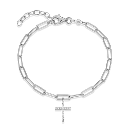 Cross Pendant Lab-Created Diamond Paperclip Bracelet in Rhodium-Plated Sterling Silver