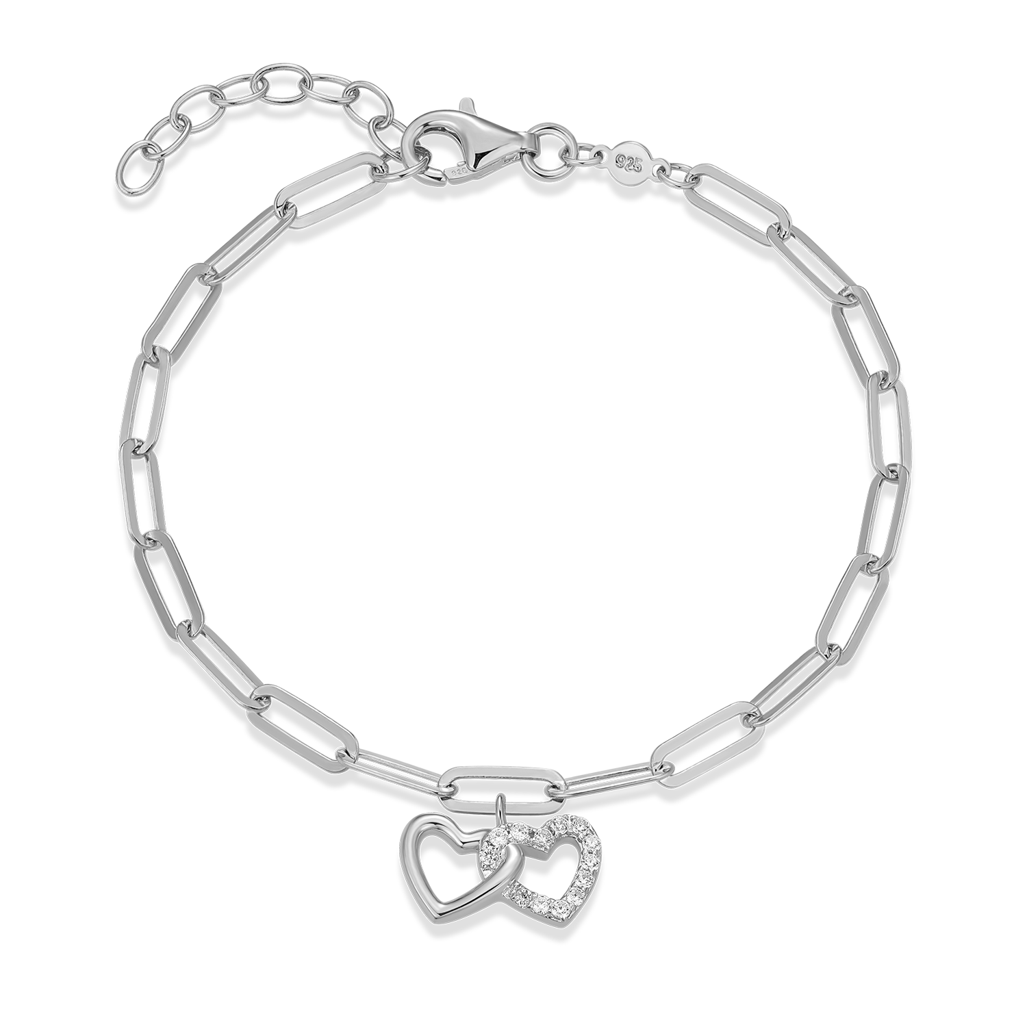 Twin Heart Pendant Lab-Created Diamond Paperclip Bracelet in Rhodium-Plated Sterling Silver