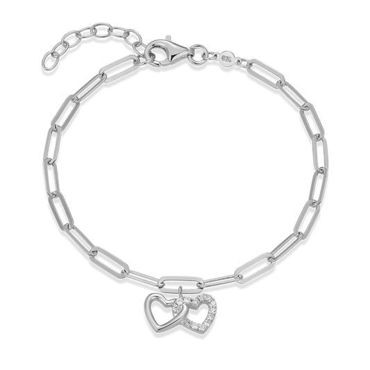 Twin Heart Pendant Lab-Created Diamond Paperclip Bracelet in Rhodium-Plated Sterling Silver