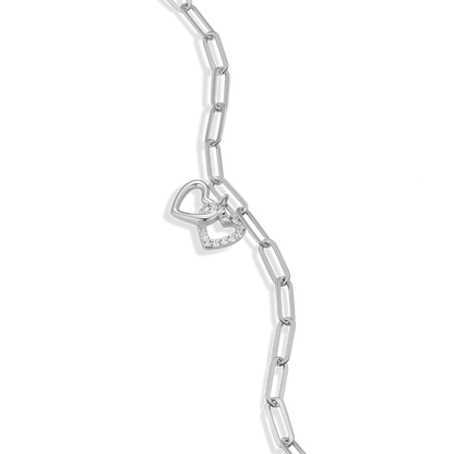 Twin Heart Pendant Lab-Created Diamond Paperclip Bracelet in Rhodium-Plated Sterling Silver | M by Monte Luna