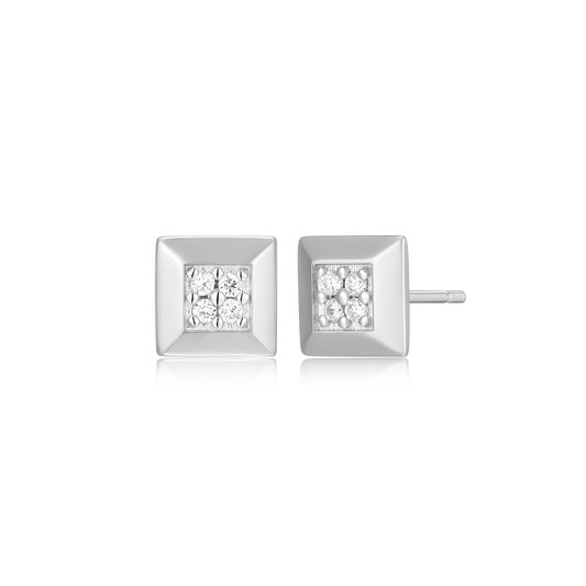 Tile Pave Stud Earrings in Rhodium Plated Sterling Silver